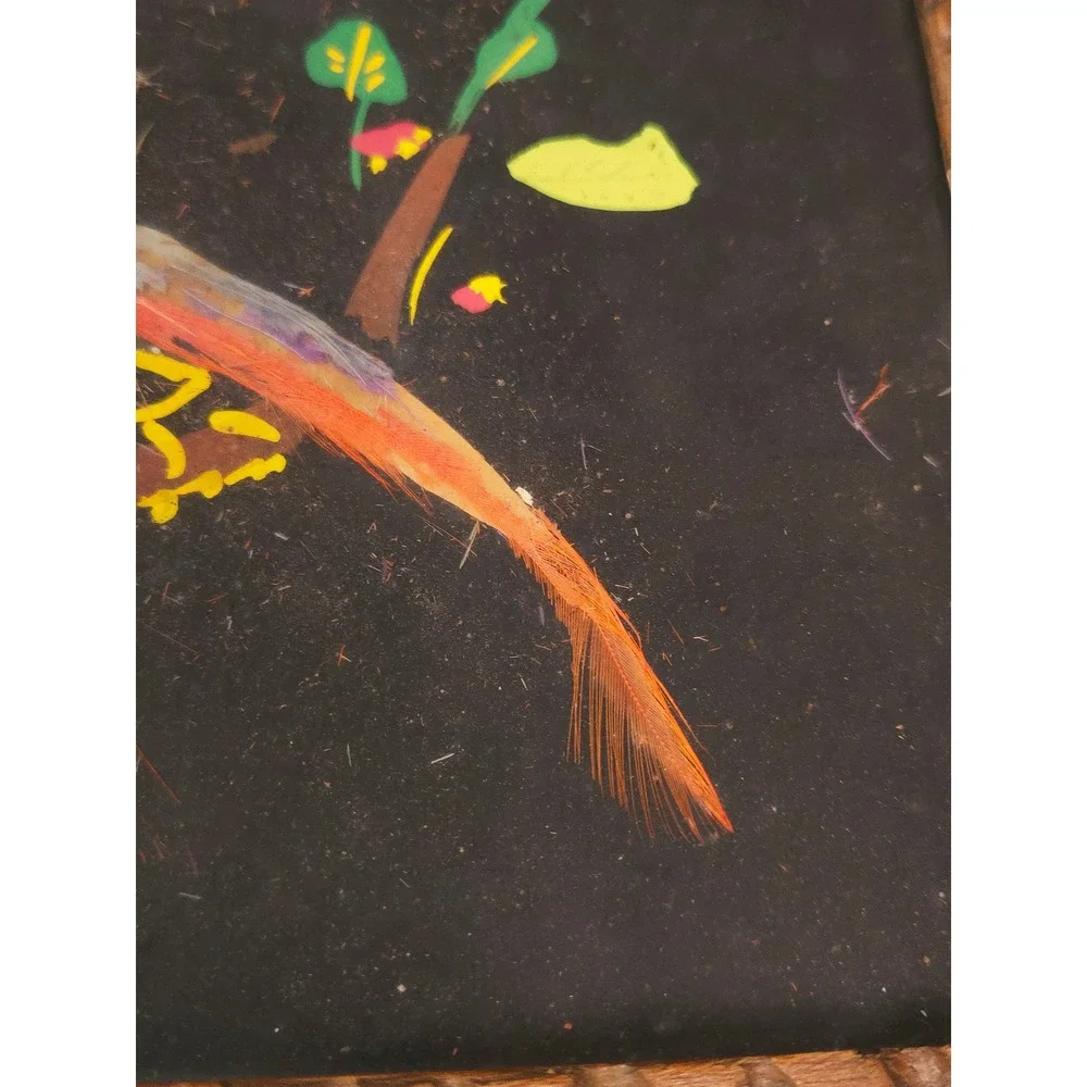 Vintage Mexican Feather Art Hand Carved Wood Bird Painting Folk Art Serving Tray